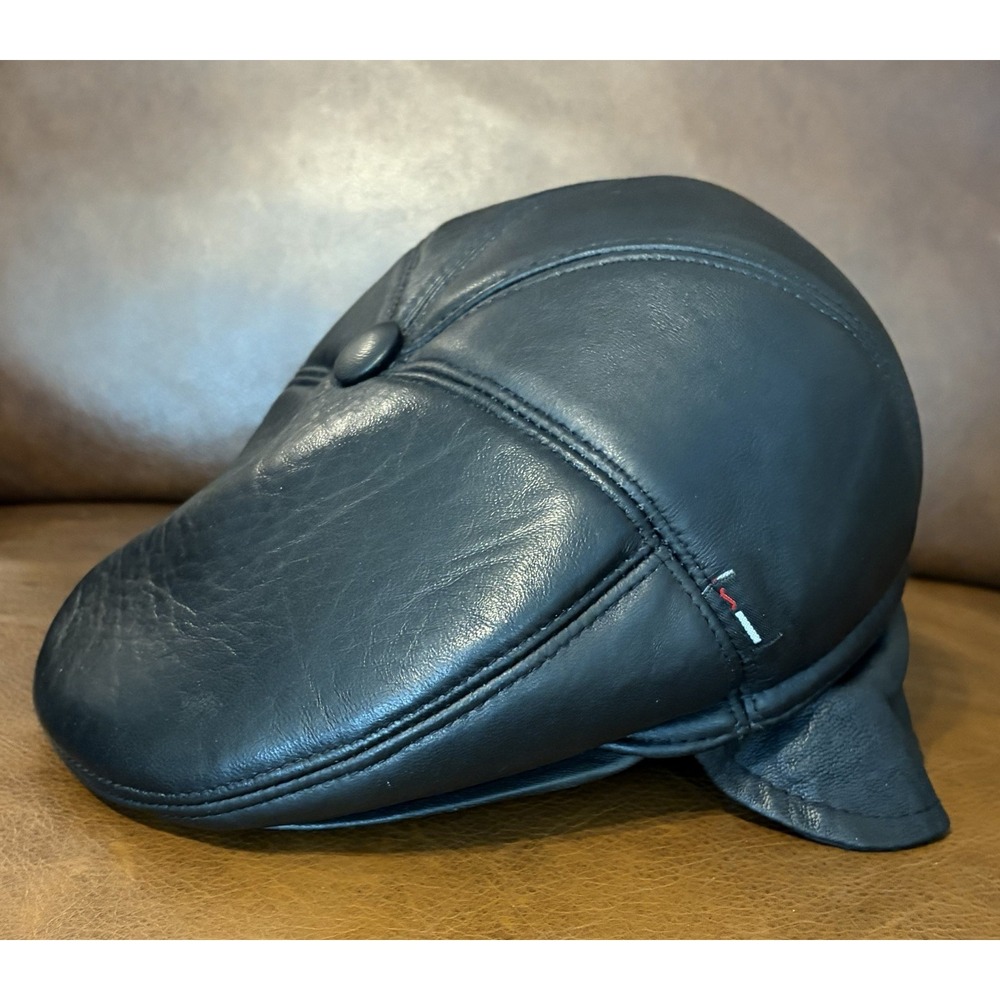 Vintage Mumcular Black Leather Newsboy Flat Cap Cabbie Hat with Earflaps Size 60